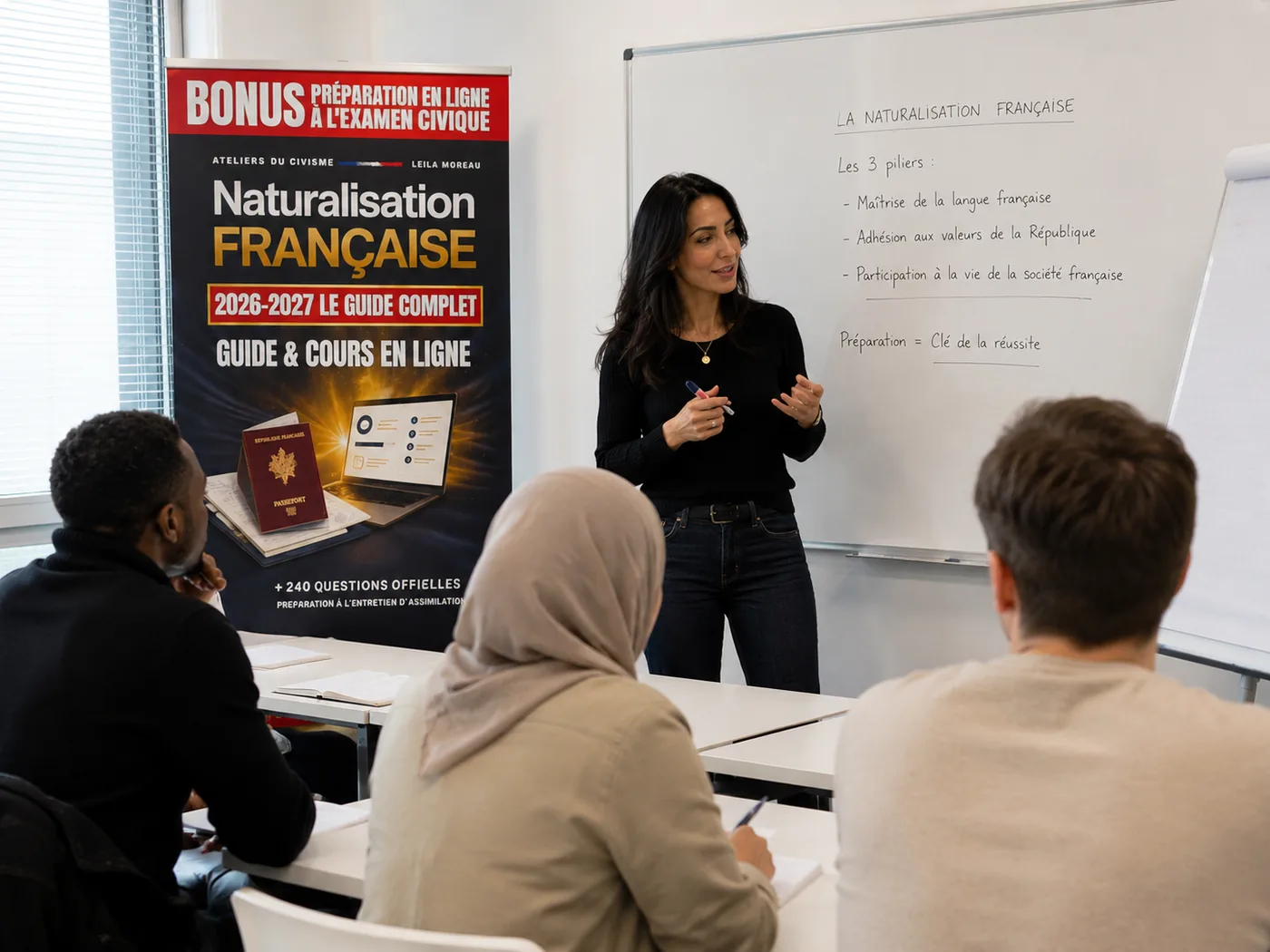 Leïla Moreau anime un atelier de préparation à la naturalisation devant un groupe de candidats